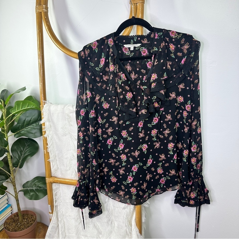 Rebecca Minkoff Devy Black Pink Floral Ruffle Bell Sleeve Top sz L